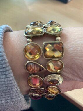 Lia Sophia Stretch Cuff Bracelet, Amber Color Gem Stones